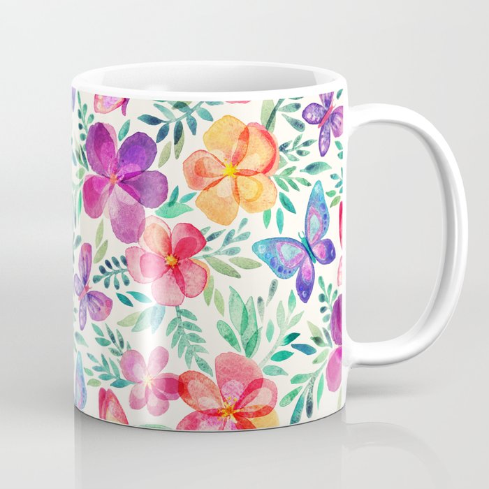 Summer Blooms & Butterflies on Cream Coffee Mug