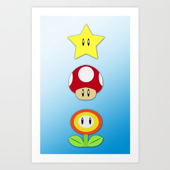 Super Mario Bros Star, Mushroom and Flower Art Print