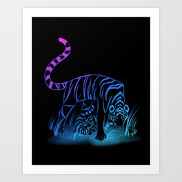 Protector Art Print | Blue, Tiger, Drawing, Neon, Digital 