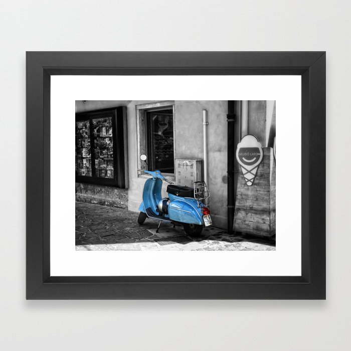 Blue Vespa in Venice Black and White Color Splash Photography Framed Art Print