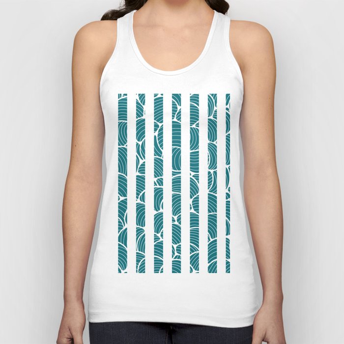 Hand Drawn Sea Shells on Petrol Green Blue and White Stripes Tank Top
