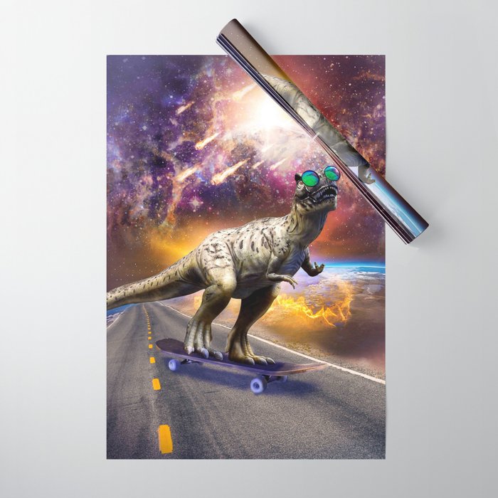 Dinosaur With Sunglasses On Skateboard In Space Wrapping Paper
