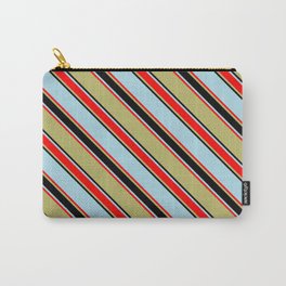 [ Thumbnail: Dark Khaki, Black, Light Blue & Red Colored Pattern of Stripes Carry-All Pouch ]