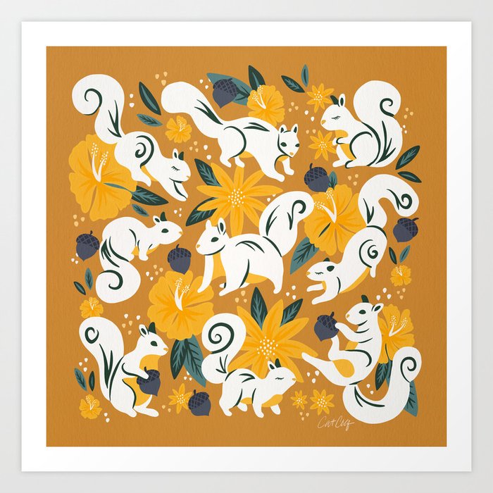 Squirrels & Blooms – Ochre Art Print