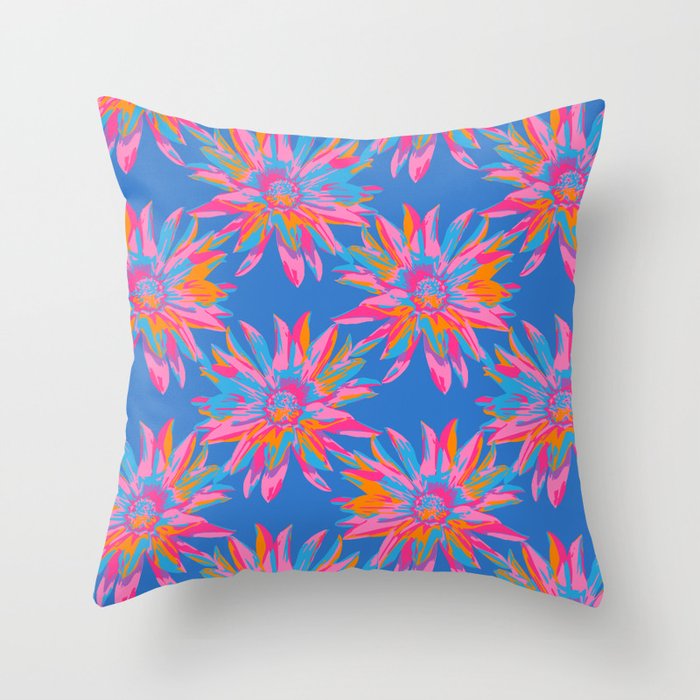 DAHLIA BURSTS Abstract Floral Summer Bright Botanical in Fuchsia Pink Blue Orange on Royal Blue - UnBlink Studio by Jackie Tahara Throw Pillow