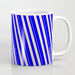 [ Thumbnail: Tan & Blue Colored Stripes/Lines Pattern Coffee Mug ]