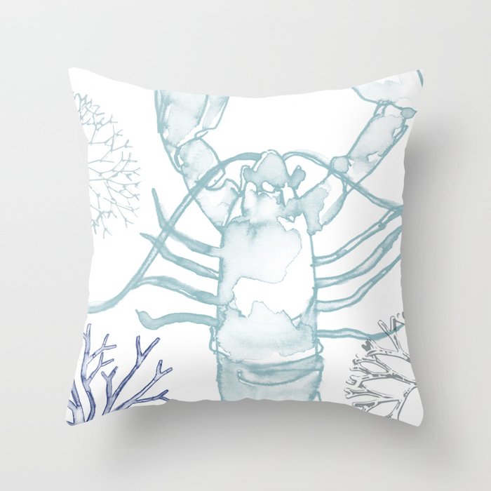 Lobster and Coral, Watercolor in Pale Blues Throw Pillow