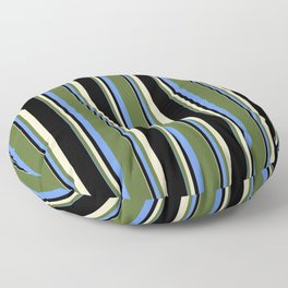 [ Thumbnail: Cornflower Blue, Dark Olive Green, Bisque, and Black Colored Striped Pattern Floor Pillow ]