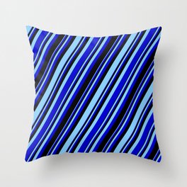 [ Thumbnail: Light Sky Blue, Blue & Black Colored Stripes/Lines Pattern Throw Pillow ]