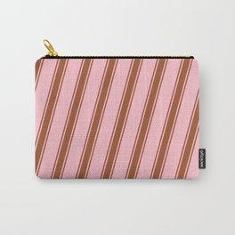 [ Thumbnail: Pink and Sienna Colored Pattern of Stripes Carry-All Pouch ]