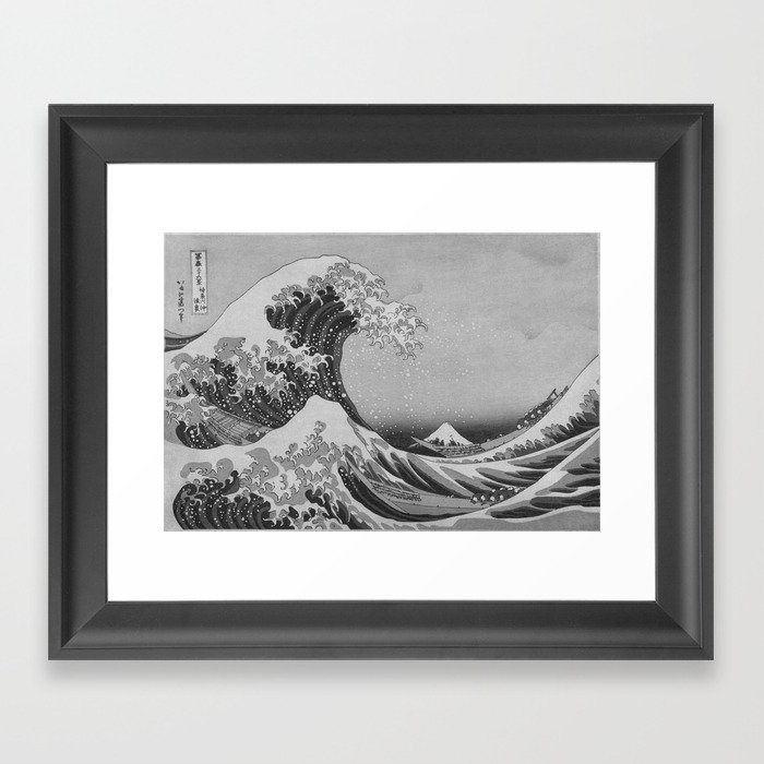 Black & White Japanese Great Wave off Kanagawa by Hokusai Framed Art Print