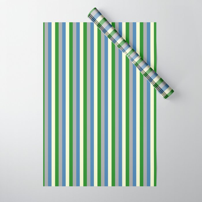 Blue, Dark Gray, Forest Green & Light Yellow Colored Stripes/Lines Pattern Wrapping Paper