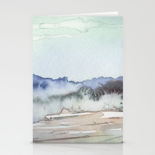 Landscape watercolor painting.  Colorful landscape painting foggy morning and woods horizontal art Stationery Cards
