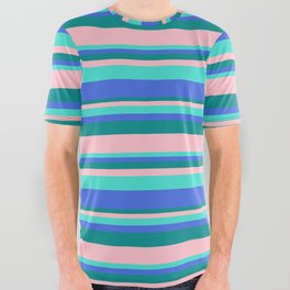 [ Thumbnail: Turquoise, Royal Blue, Dark Cyan, and Pink Colored Stripes Pattern All Over Graphic Tee ]