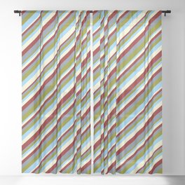 [ Thumbnail: Maroon, Slate Gray, Green, Light Sky Blue, and Light Yellow Colored Stripes/Lines Pattern Sheer Curtain ]