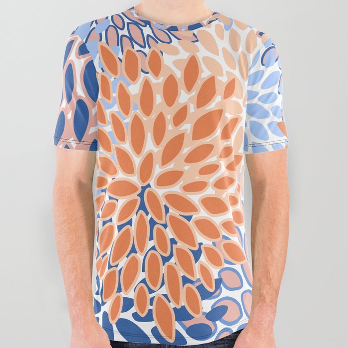 Modern, Floral Prints, Orange and Blue All Over Graphic Tee