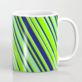 [ Thumbnail: Midnight Blue, Green & Chartreuse Colored Lined/Striped Pattern Coffee Mug ]