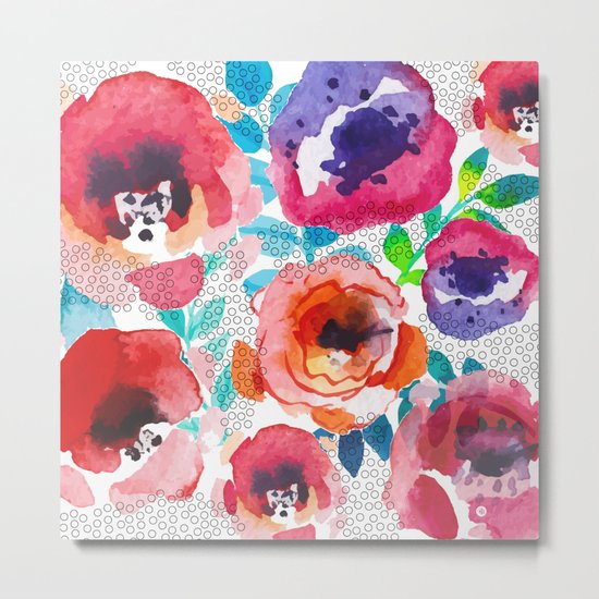 Watercolor flowers and circles Metal Print