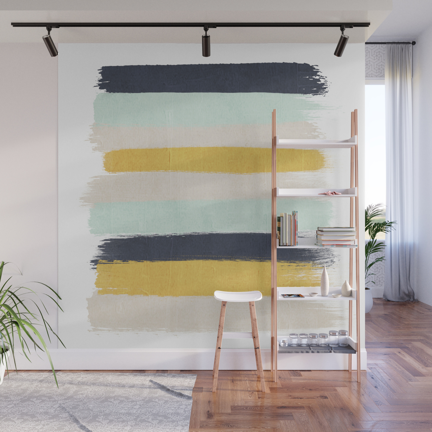 Abstract Stripes Hand Painted Brushstrokes Mint Grey And Navy