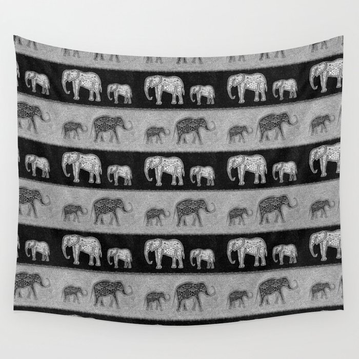 Black and White Elephant Families on Velvet Wall Tapestry