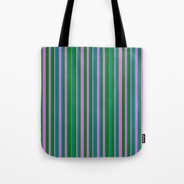 [ Thumbnail: Green, Orchid, and Teal Colored Lines Pattern Tote Bag ]