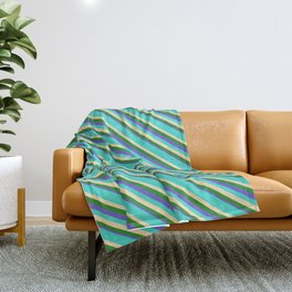 [ Thumbnail: Turquoise, Beige, Forest Green, and Slate Blue Colored Lines/Stripes Pattern Throw Blanket ]