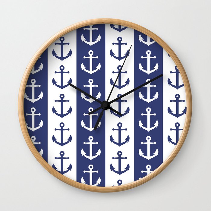 Retro Navy Anchor and Stripes Pattern 228 Navy Blue Wall Clock
