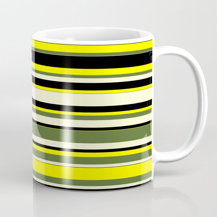 Yellow, Dark Olive Green, Light Yellow, and Black Colored Lines Pattern Coffee Mug