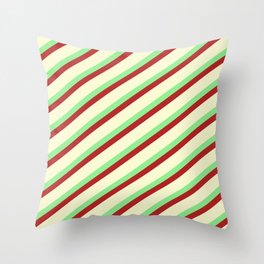 [ Thumbnail: Light Green, Red, and Light Yellow Colored Lined/Striped Pattern Throw Pillow ]