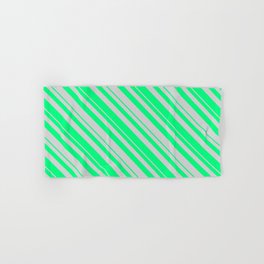 [ Thumbnail: Green & Light Gray Colored Striped/Lined Pattern Hand & Bath Towel ]