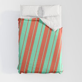[ Thumbnail: Aquamarine and Red Colored Lined Pattern Duvet Cover ]