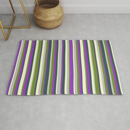 [ Thumbnail: Colorful Light Yellow, Dark Slate Gray, Dark Orchid, Green, and Grey Colored Striped Pattern Rug ]