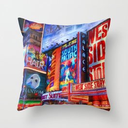Nights on Broadway; New York City theater show district neon billboards landscape painting  Throw Pillow