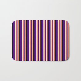 [ Thumbnail: Red, Beige, Indigo, and Black Colored Stripes Pattern Bath Mat ]