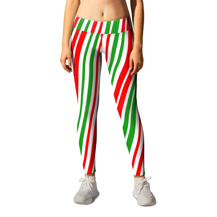 Christmas Inspired Red, White, and Green Colored Lined/Striped Pattern Leggings