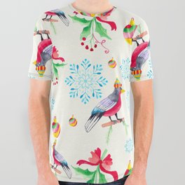 Christmas Pattern Watercolor Bird Bauble Mistletoe All Over Graphic Tee
