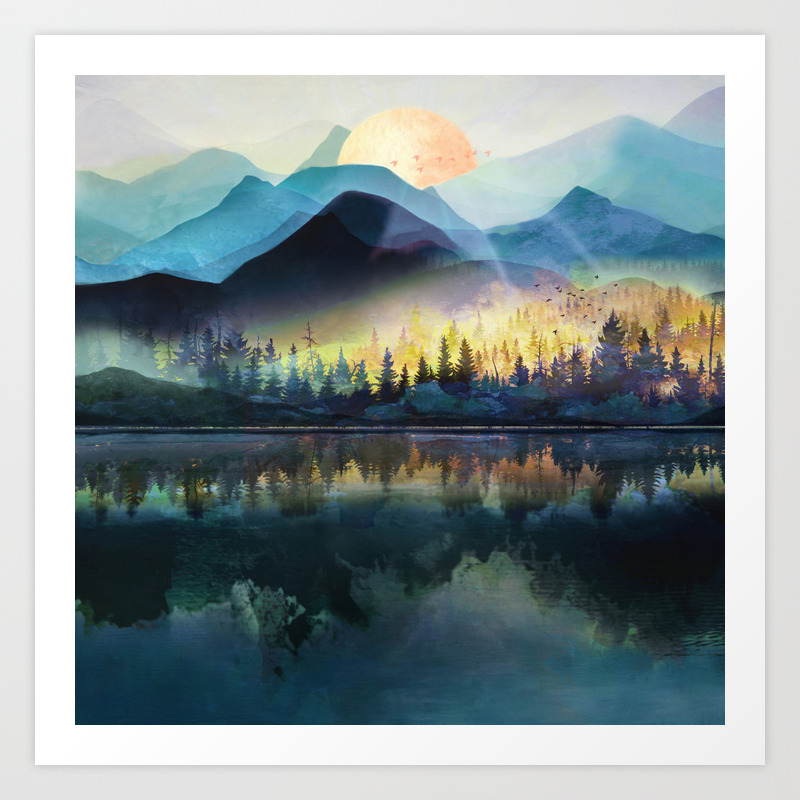 Mountain Lake Sunrise Canvas Painting Abstract Sunset Landscape Poster Print 