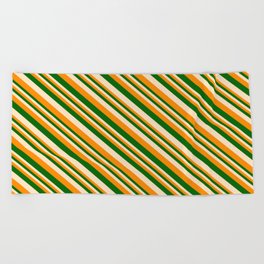 [ Thumbnail: Dark Orange, Dark Green & Bisque Colored Lines Pattern Beach Towel ]