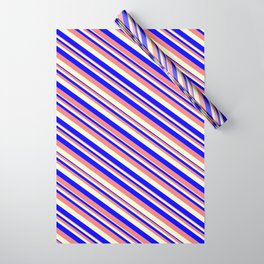 [ Thumbnail: Blue, Light Coral, and Light Yellow Colored Stripes Pattern Wrapping Paper ]