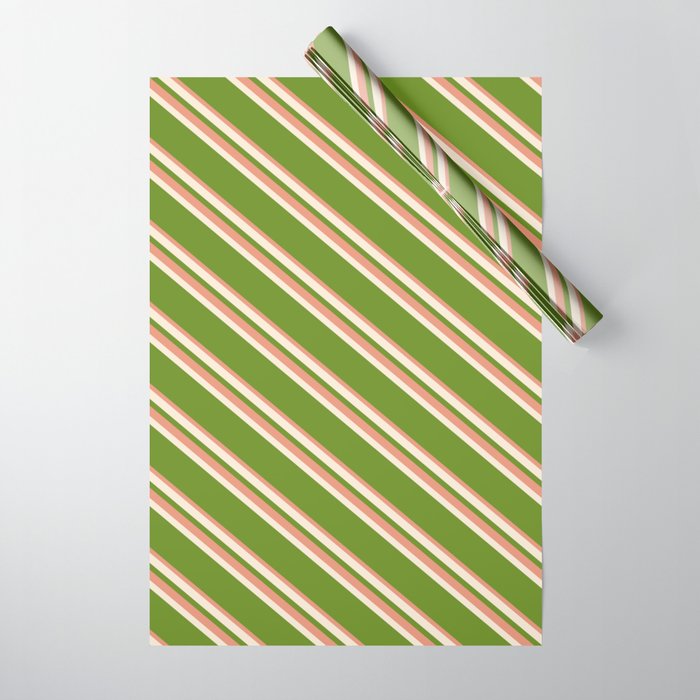 Beige, Green & Dark Salmon Colored Striped/Lined Pattern Wrapping Paper