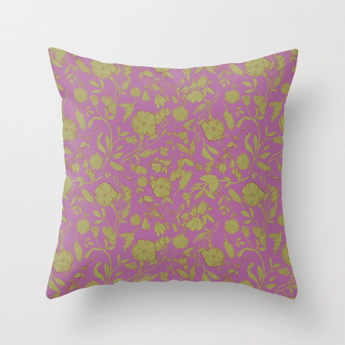 Scattered Floral Garden with Butterflies and Dragonflies in Purple Throw Pillow