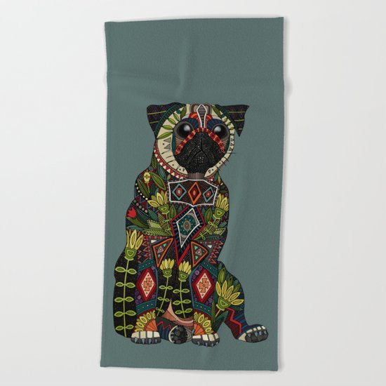 pug love juniper Beach Towel
