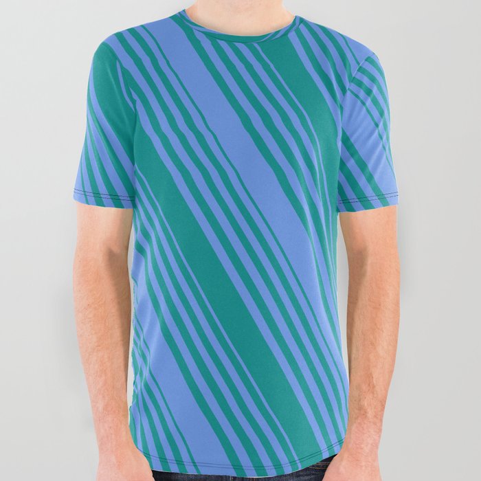 Cornflower Blue and Dark Cyan Colored Striped/Lined Pattern All Over Graphic Tee