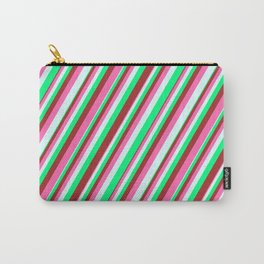 [ Thumbnail: Green, Brown, Hot Pink & Light Cyan Colored Striped Pattern Carry-All Pouch ]