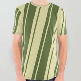 [ Thumbnail: Dark Olive Green & Pale Goldenrod Colored Pattern of Stripes All Over Graphic Tee ]
