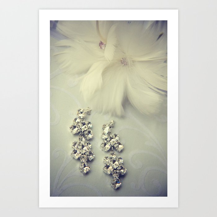 Diamnond / Crystal Earrings and feather flower Art Print