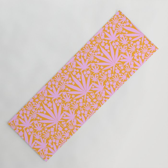 Modern Cannabis Leaves And Flowers Pink Orange Retro Mid-Century Pretty Cheerful Floral Pattern Yoga Mat