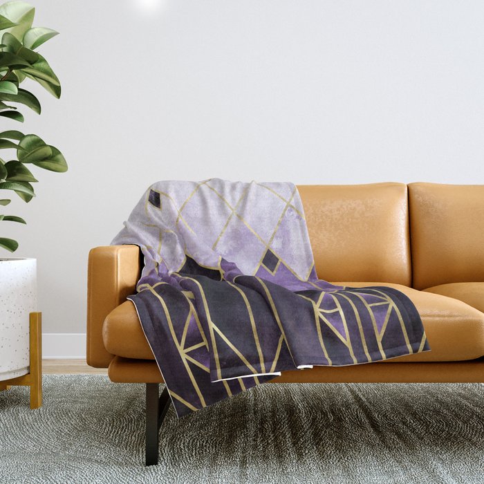 Gold Diamonds Purple Nights Art Deco Geometric - Modern Pattern Throw Blanket