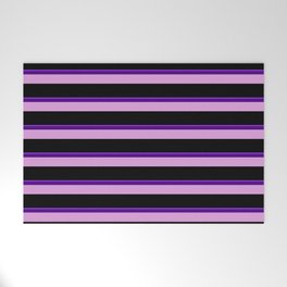 [ Thumbnail: Purple, Indigo, Plum, and Black Colored Lined Pattern Welcome Mat ]