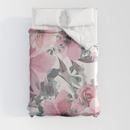 Floral Watercolor, Pink and Gray, Watercolor Print Duvet Cover